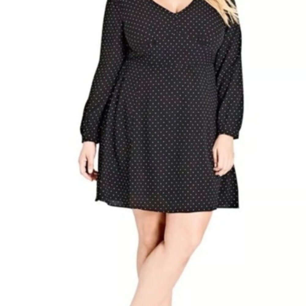 City Chic‎ Sweet Spot Dress Black White Polka Dot V-Neck Long Sleeve Size L NWT